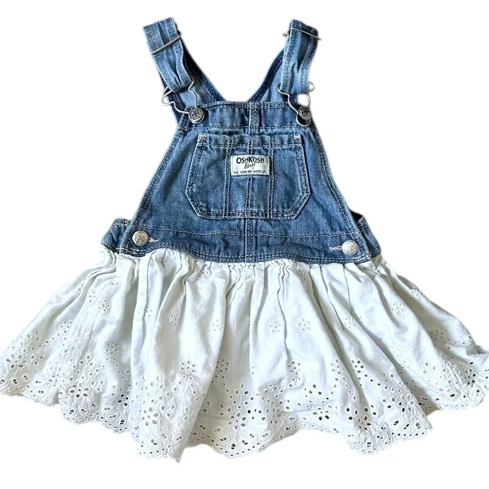 OshKosh B'gosh Blue and White Denim Eyelet Overalls Jumper Dress 18m Girl